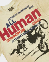 All Human The Pines Tee Cream, close-up of the motocross print