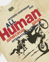 All Human The Pines Tee Cream, close-up of the motocross print