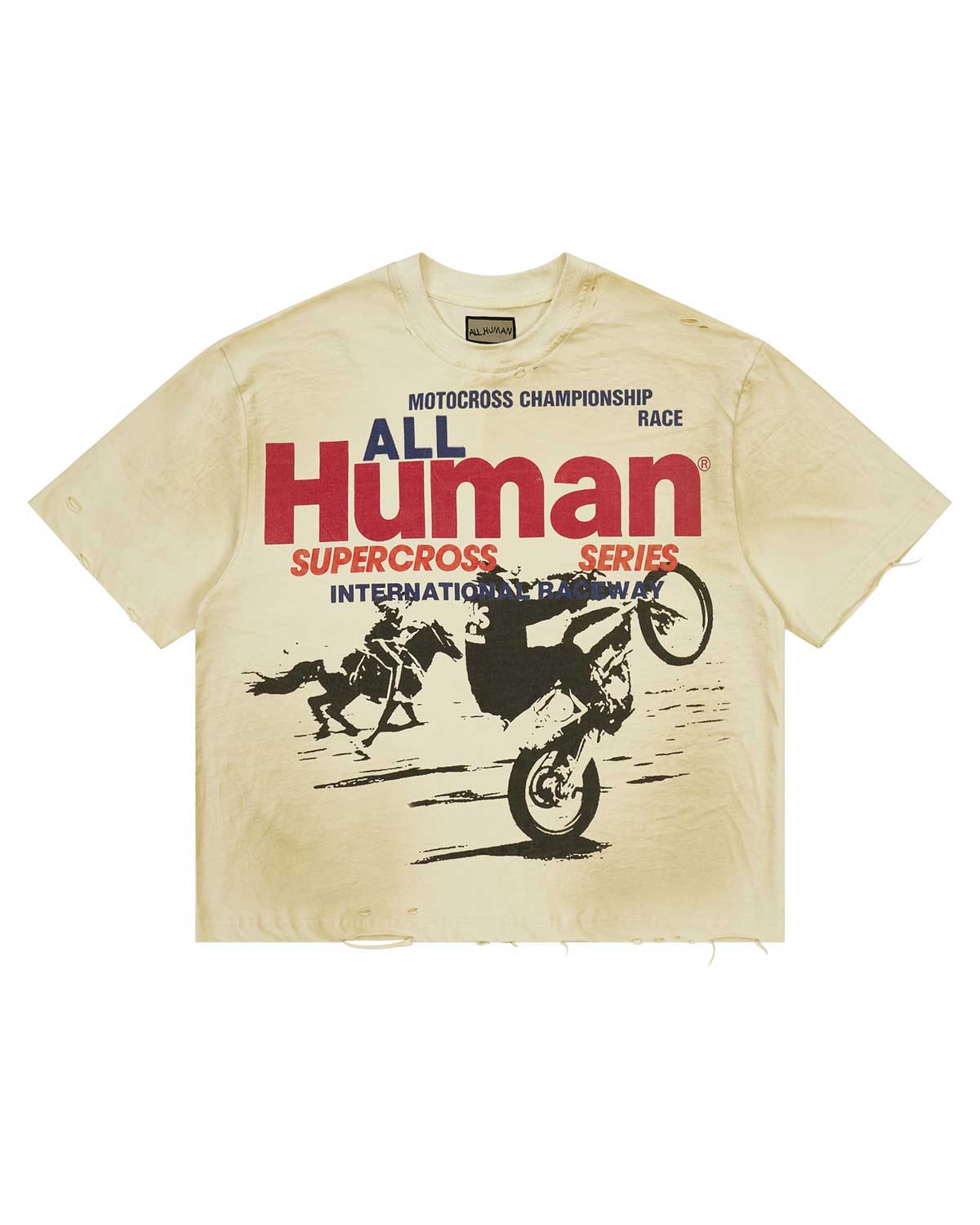 All Human The Pines Tee Cream, cream tee with a motocross championship race graphic, front view