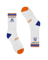 All Human The Sock V1 white, royal blue and orange, crew socks with striped cuff, flat lay