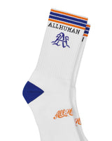 All Human The Sock V1, close-up of the monogram logo and royal blue heel