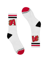 All Human The Sock V2 white, black and red, crew socks with flame A logo, flat lay