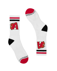 All Human The Sock V2 white, black and red, crew socks with flame A logo, flat lay