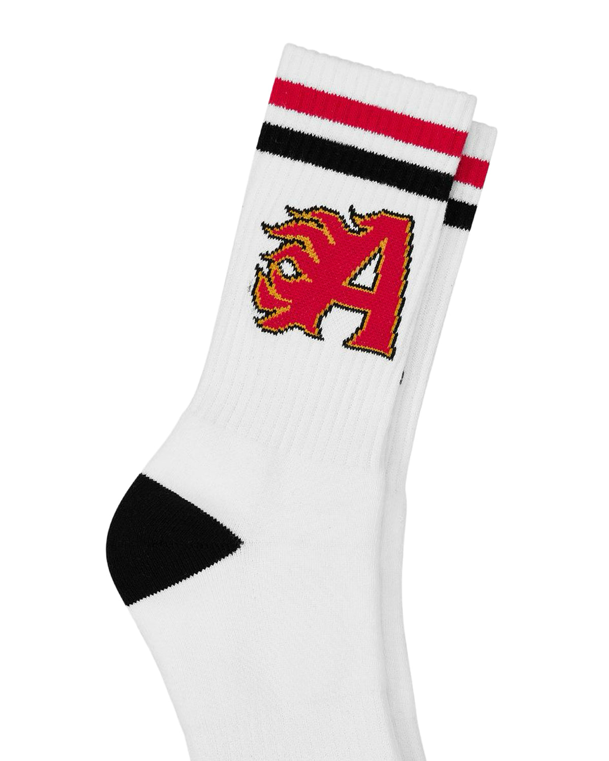 All Human The Sock V2 white, black and red, close-up of the flame A logo and striped cuff