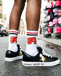All Human The Sock V2 white, black and red, socks worn on foot with black sneakers