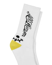 All Human The Sock V3 white, black and yellow, close-up of the All Human script and stitched smiley