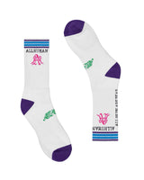 All Human The Sock V4 white, purple, electric blue and neon pink, crew socks with striped cuff, flat lay