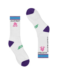 All Human The Sock V4 white, purple, electric blue and neon pink, crew socks with striped cuff, flat lay
