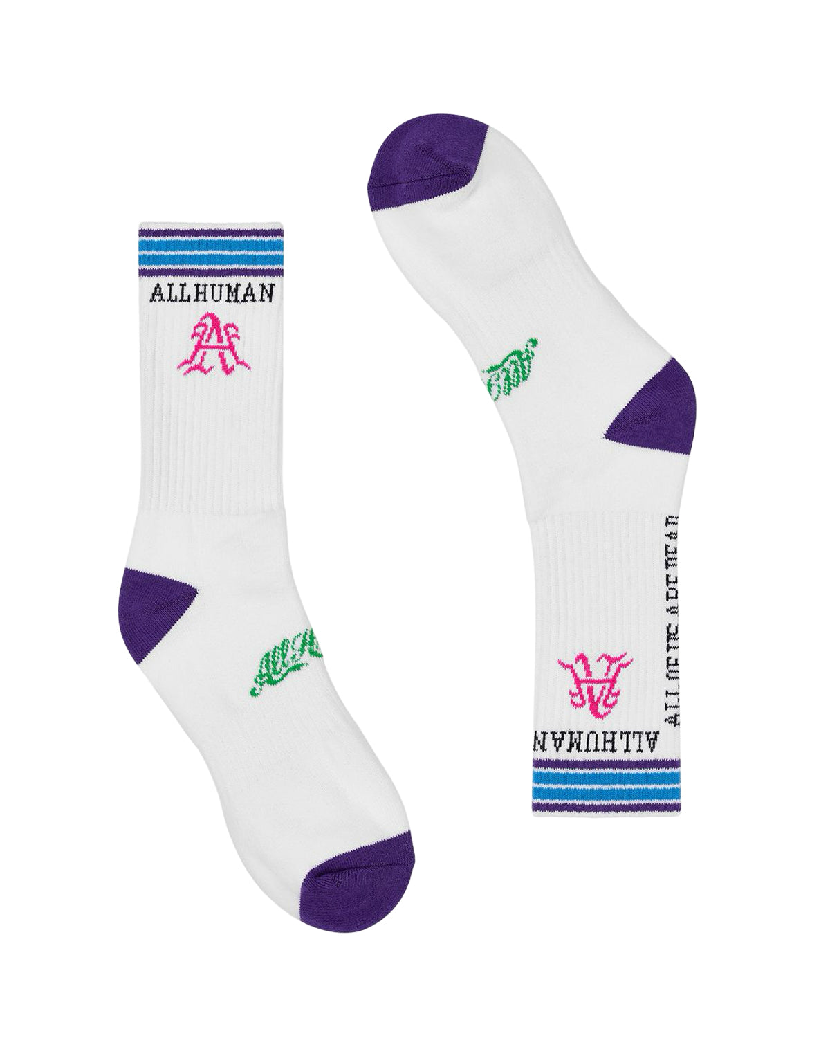 All Human The Sock V4 white, purple, electric blue and neon pink, crew socks with striped cuff, flat lay