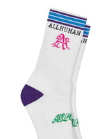 All Human The Sock V4, close-up of the neon pink flame A logo and blue striped cuff