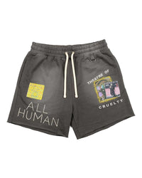 All Human V Bucks Shorts charcoal wash, cotton fleece sweat shorts with sketched ALL HUMAN lettering and a Theatre of Cruelty photo patch, front view
