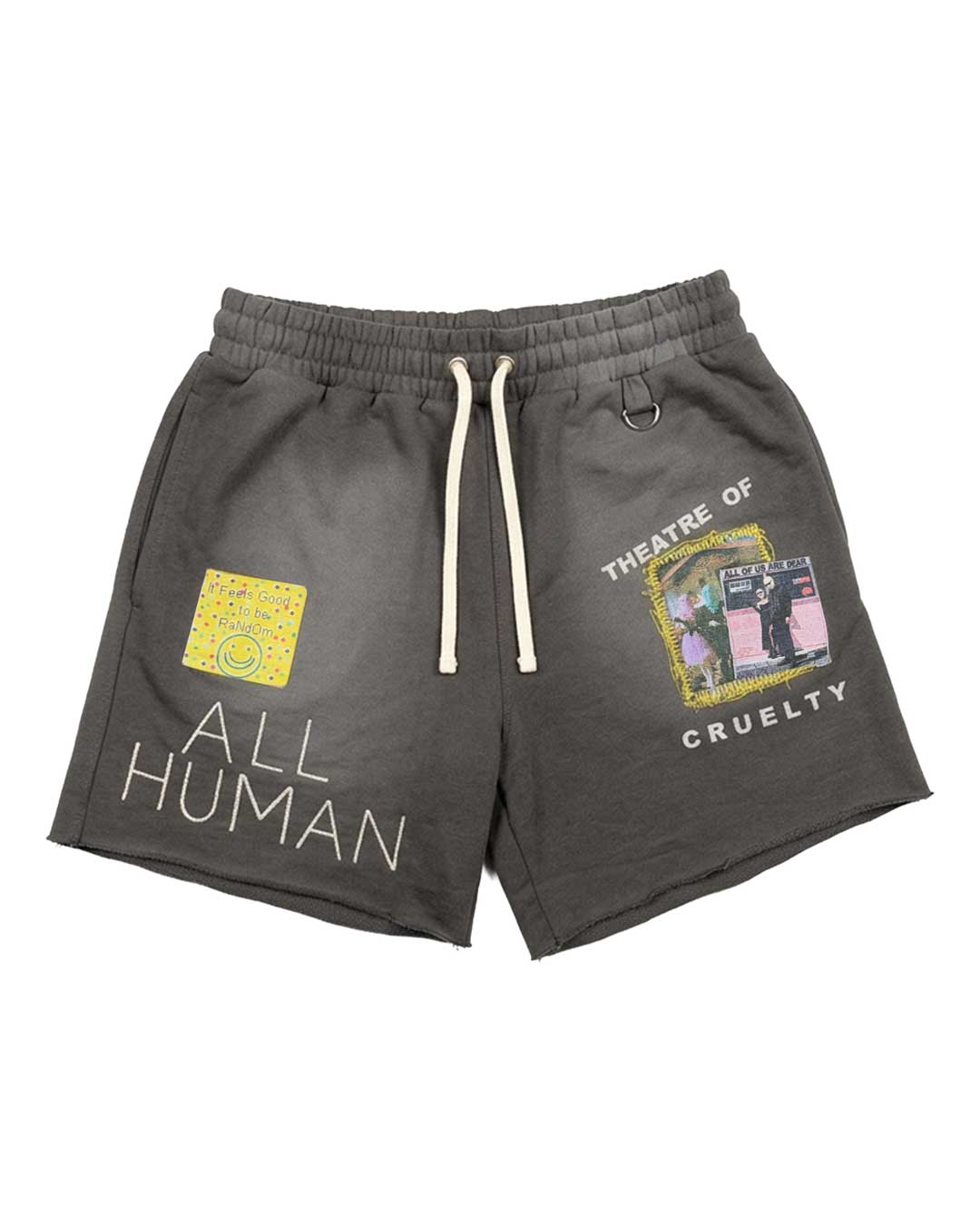 All Human V Bucks Shorts charcoal wash, cotton fleece sweat shorts with sketched ALL HUMAN lettering and a Theatre of Cruelty photo patch, front view