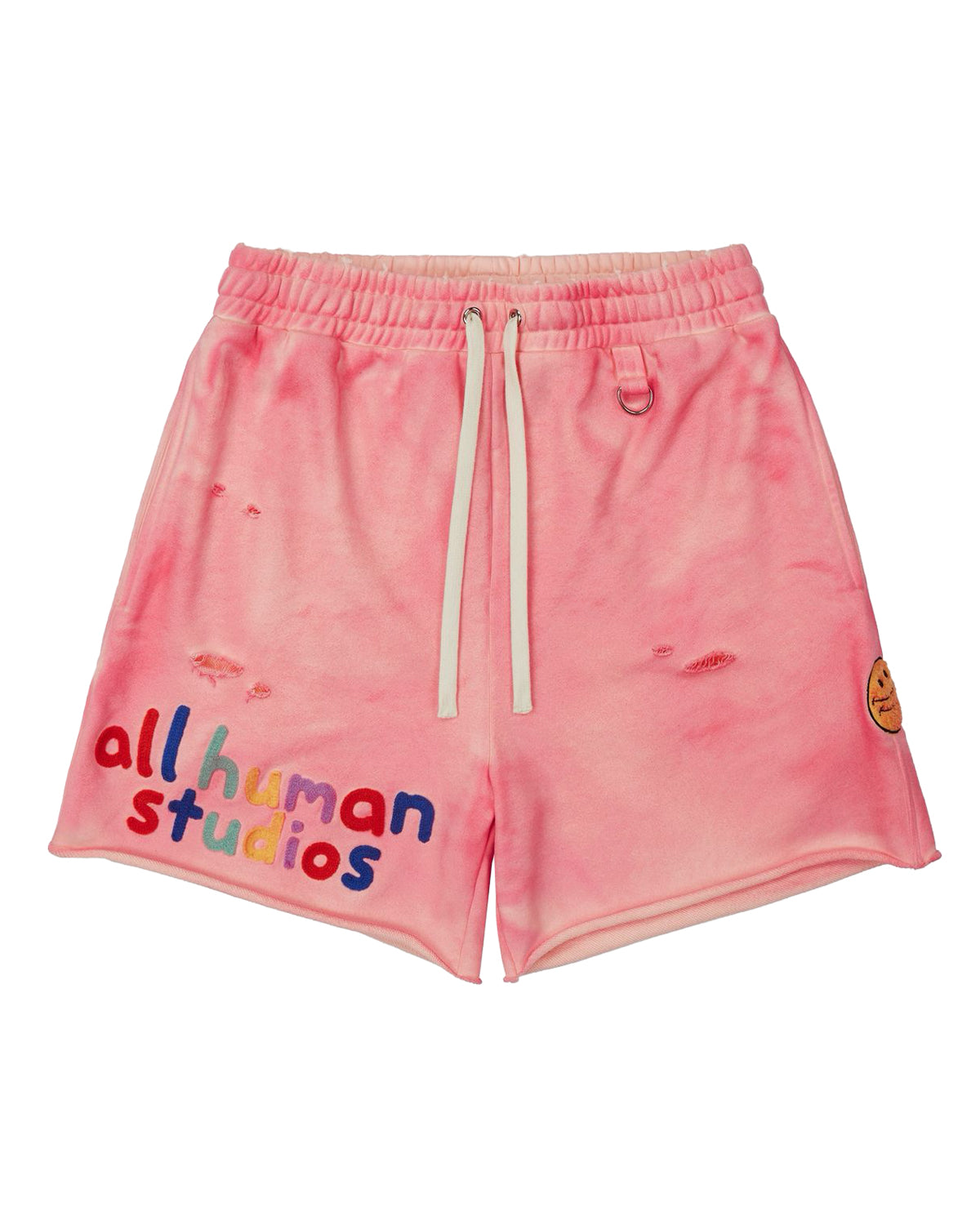 All Human Yosemite Shorts V2 pink, tie-dyed sweat shorts with multicolour puff all human studios lettering, front view