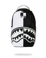 Sprayground Shark Central 2.0 Beyond Time Backpack, split black and white backpack with mirrored shark mouth