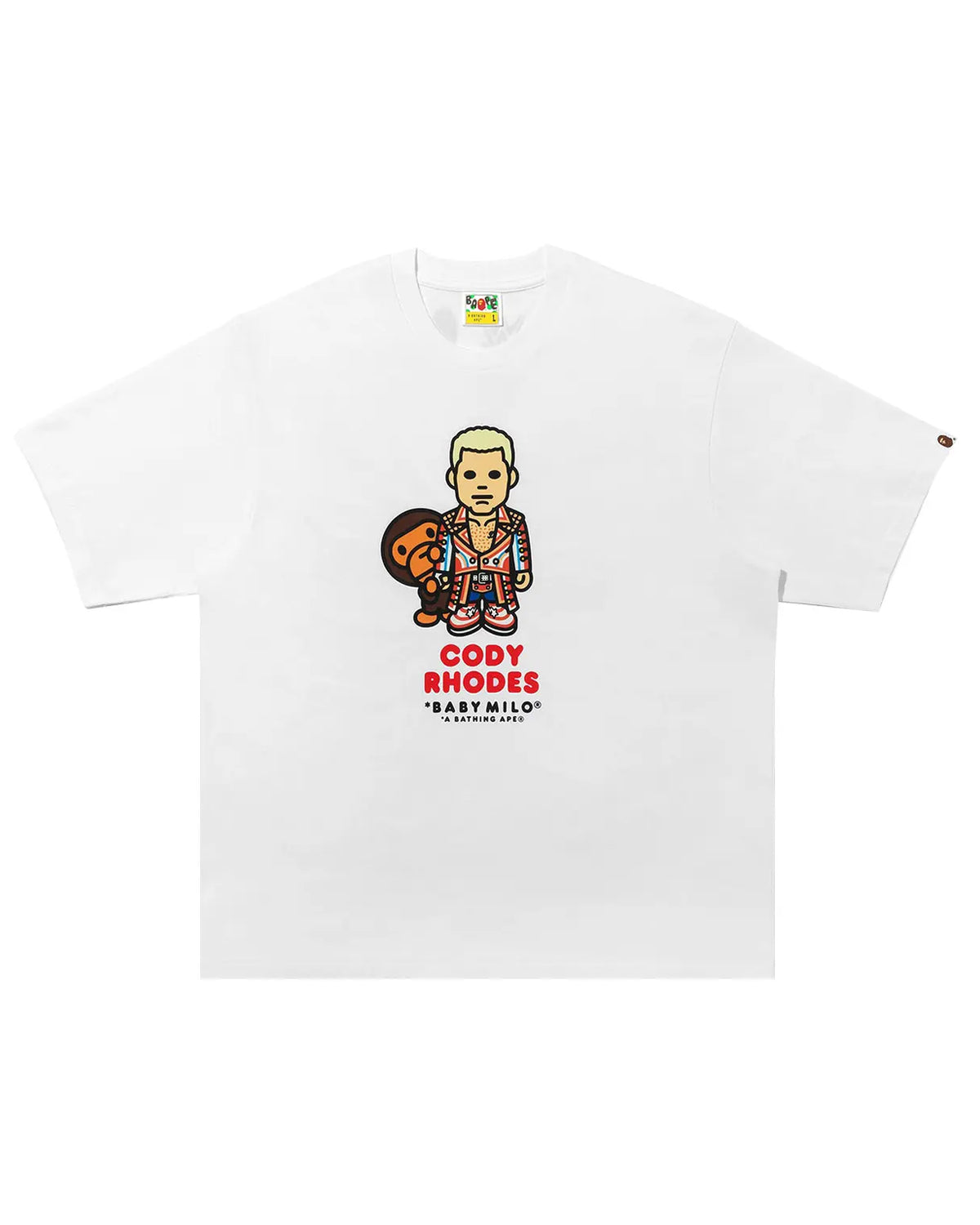 Bape x WWE Cody Rhodes Baby Milo Relaxed Fit Tee white, Baby Milo and wrestler character graphic with red name lettering, front view