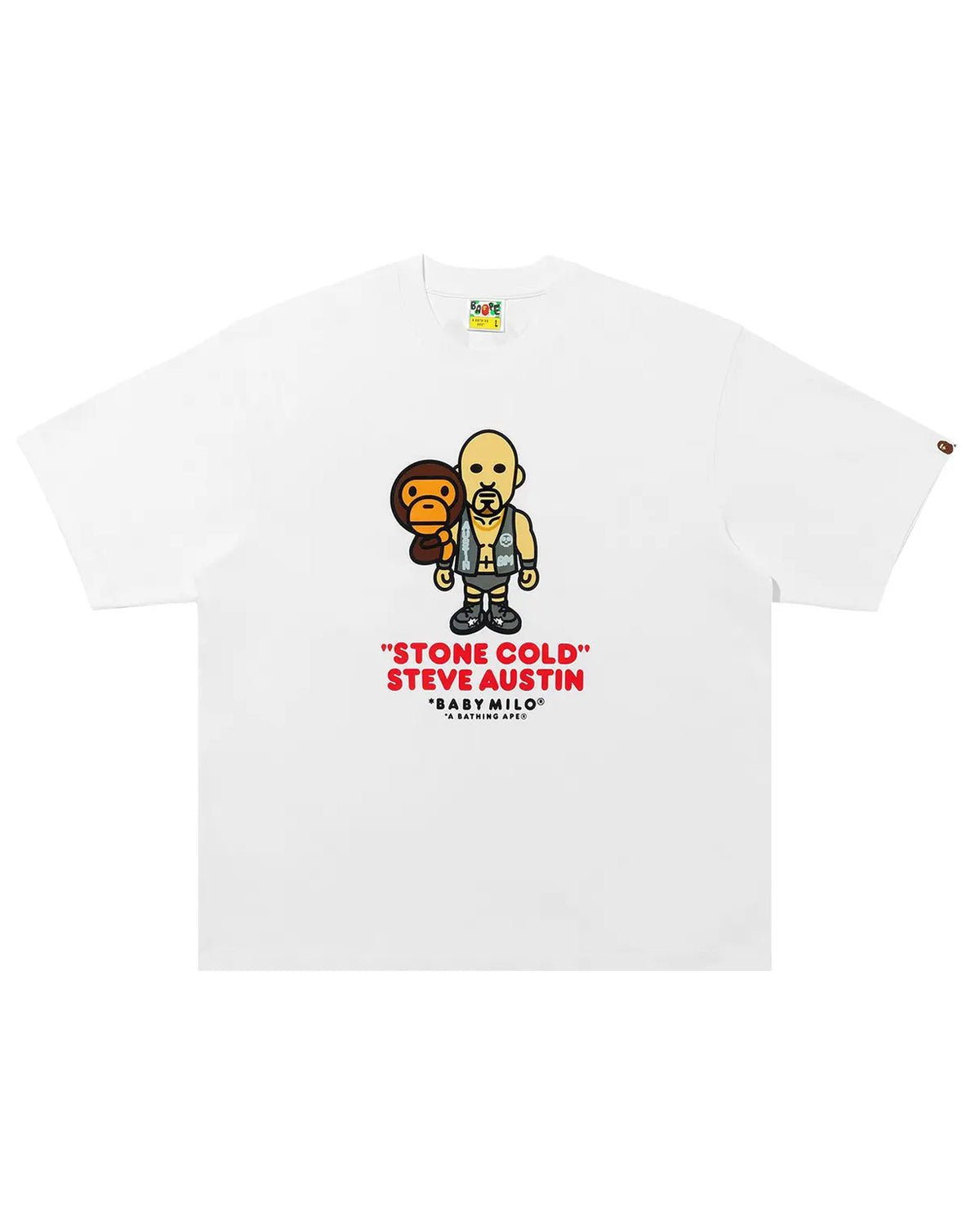 Bape x WWE Stone Cold Steve Austin Baby Milo Relaxed Tee white, Baby Milo and wrestler character graphic with red name lettering, front view