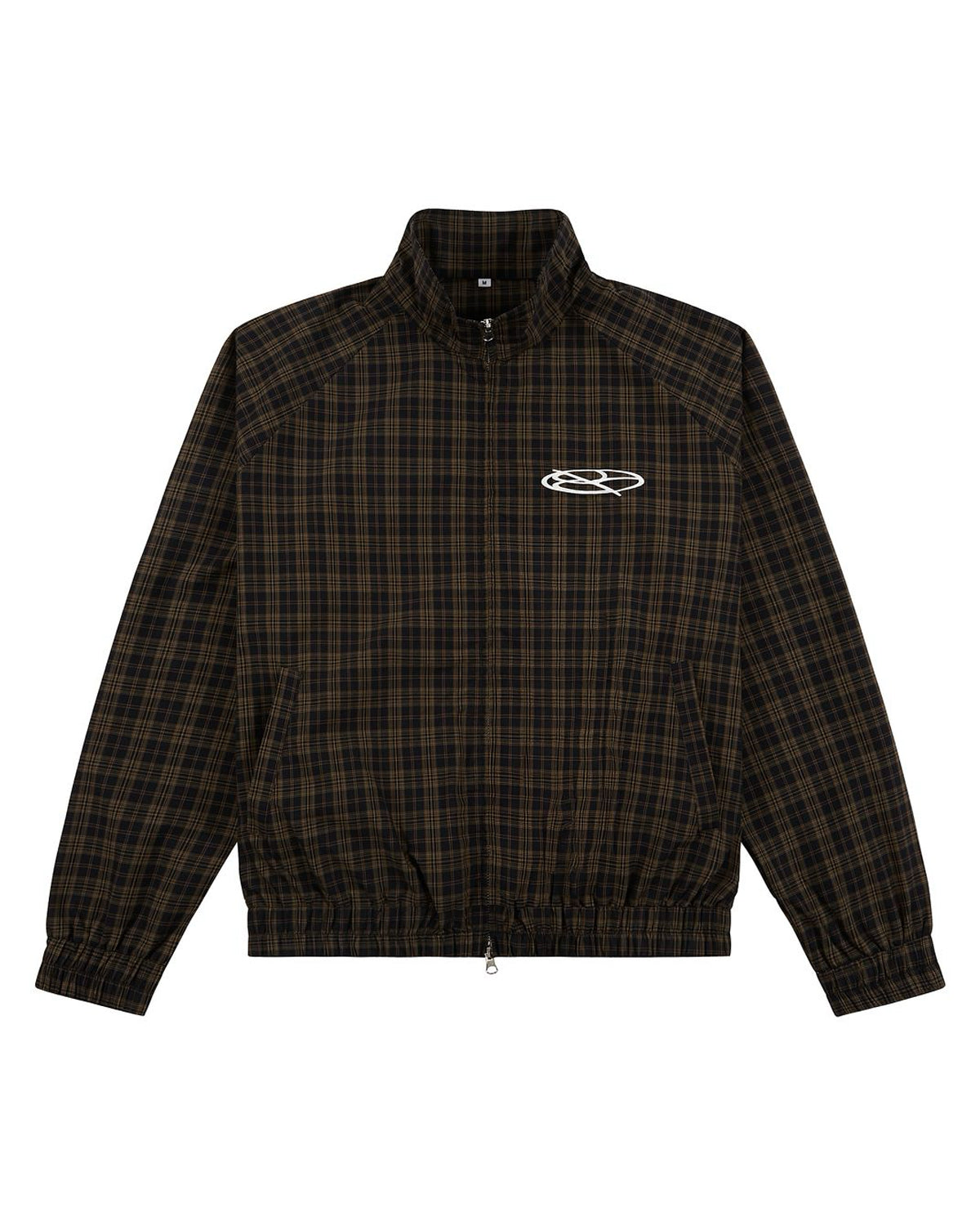 Boredom Kills Lounge Plaid Track Jacket black, brown and black windowpane plaid zip jacket with a white oval chest logo, front view