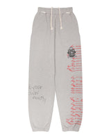 Boredom Kills Reality Sweatpants grey, heather grey drawstring sweatpants with crest patch and red script, front view