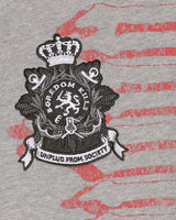 Boredom Kills Reality Sweatpants grey, close-up of the Unplug From Society crest patch and red script