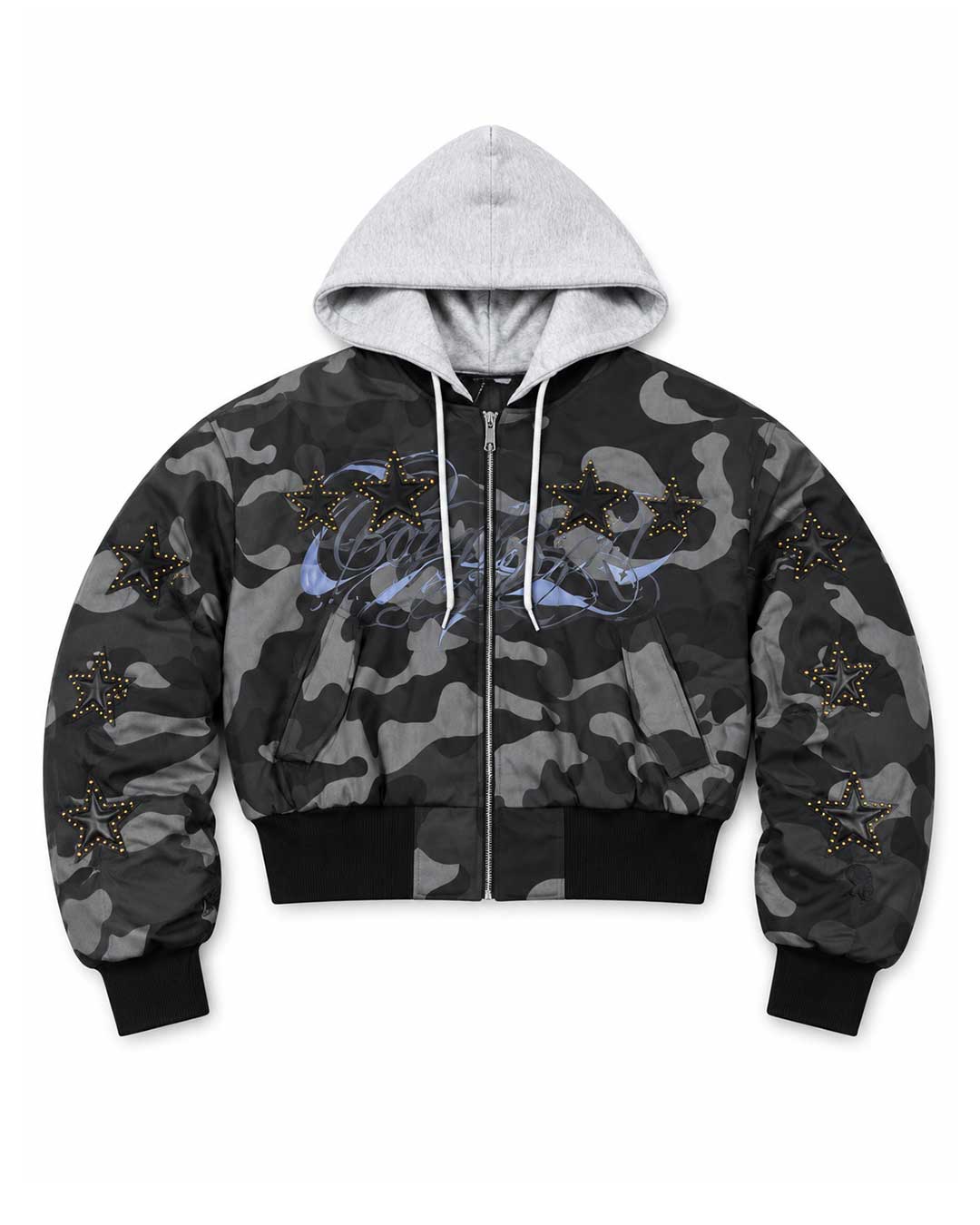 Boredom Kills VP Jacket black, black camo cropped bomber with attached heather grey hood and embellished script logo, front view