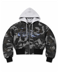 Boredom Kills VP Jacket black, black camo cropped bomber with attached heather grey hood and embellished script logo, front view
