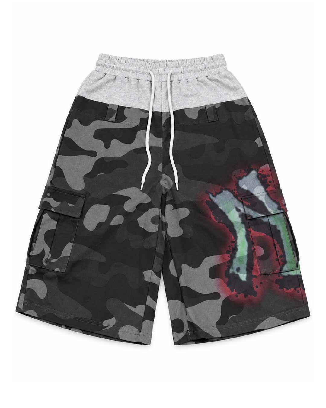 Boredom Kills VP Shorts black, black camo cargo shorts with graffiti VP lettering and heather grey drawstring waistband, front view