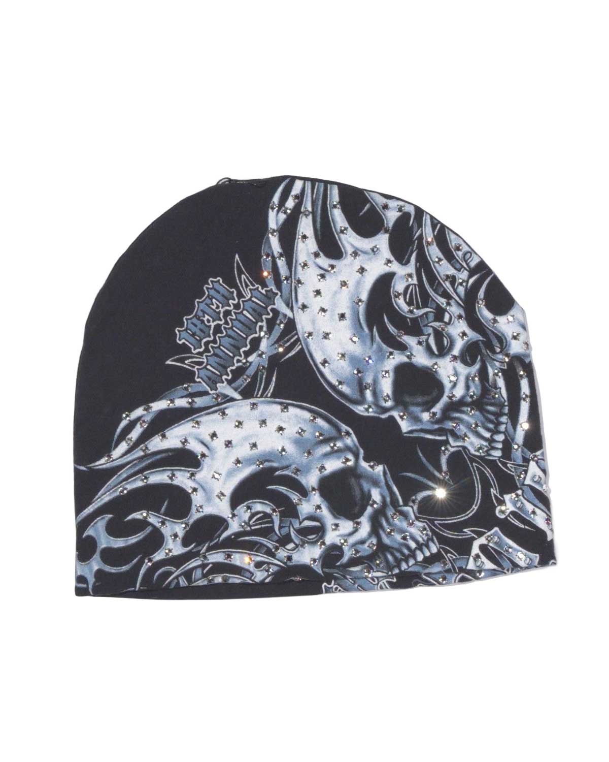 Bossi Vintage Rhinestone Metallic Skulls Beanie Black