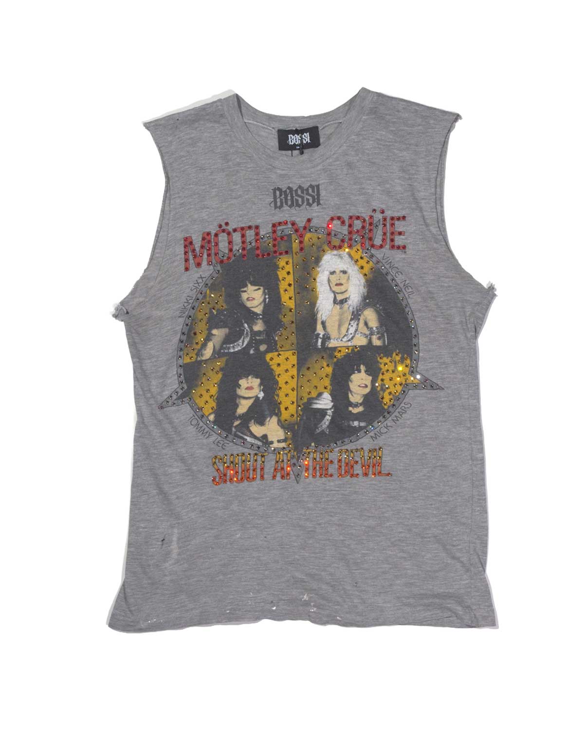 Bossi Vintage Rhinestone Motley Crue Shoot at the Devil Sleeveless Tee Grey