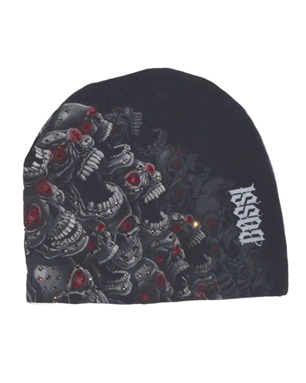 Bossi Vintage Rhinestone Screaming Skulls Beanie Black/Red
