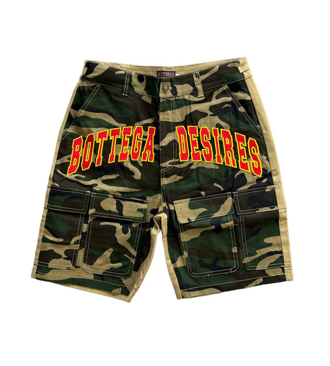 Bottega Desires Camo Cargo Shorts front view