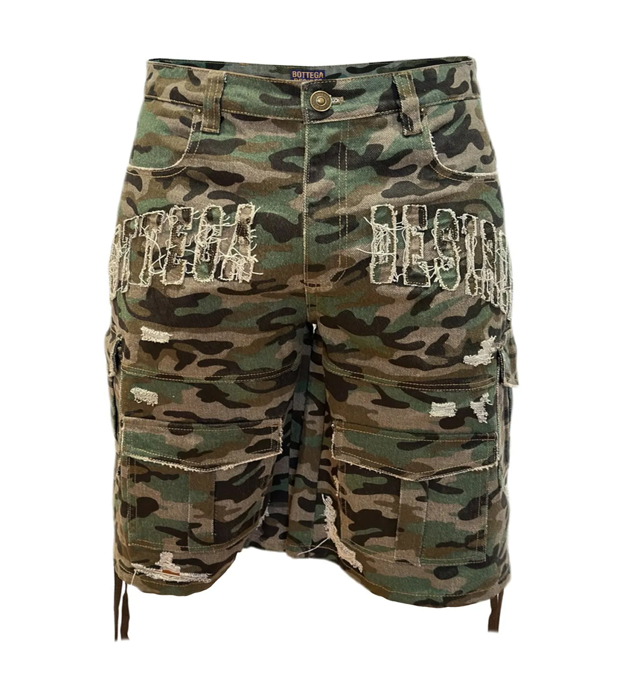 Bottega Desires Distressed Camo Cargo Shorts Green