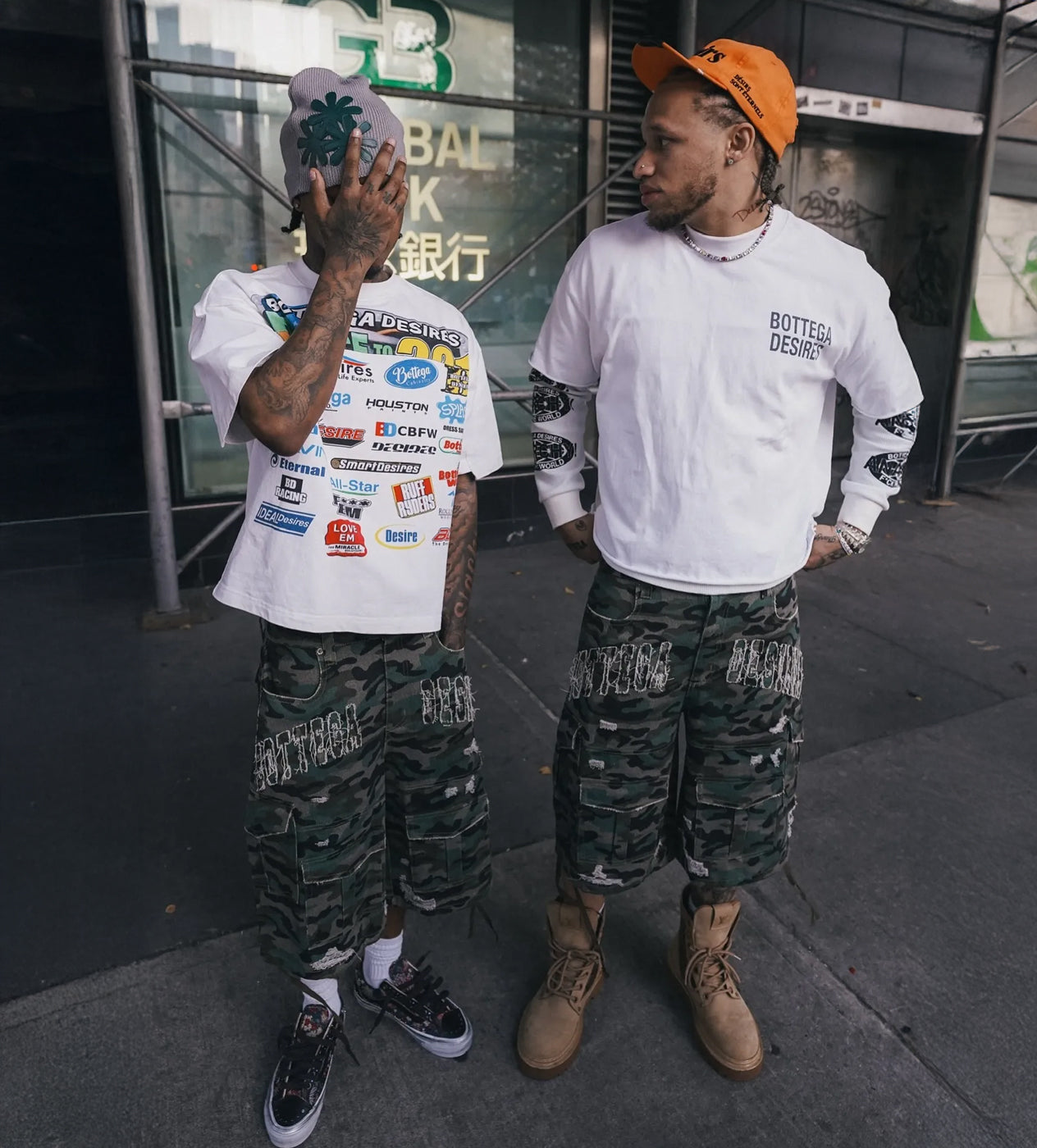 Bottega Desires Distressed Camo Cargo Shorts Green