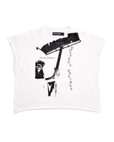 Bottega Desires Fire Of Desires Cutoff Tee White, white sleeveless tee with hooded figure and hammer graphic, front view