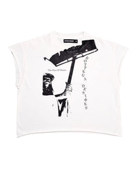 Bottega Desires Fire Of Desires Cutoff Tee White, white sleeveless tee with hooded figure and hammer graphic, front view
