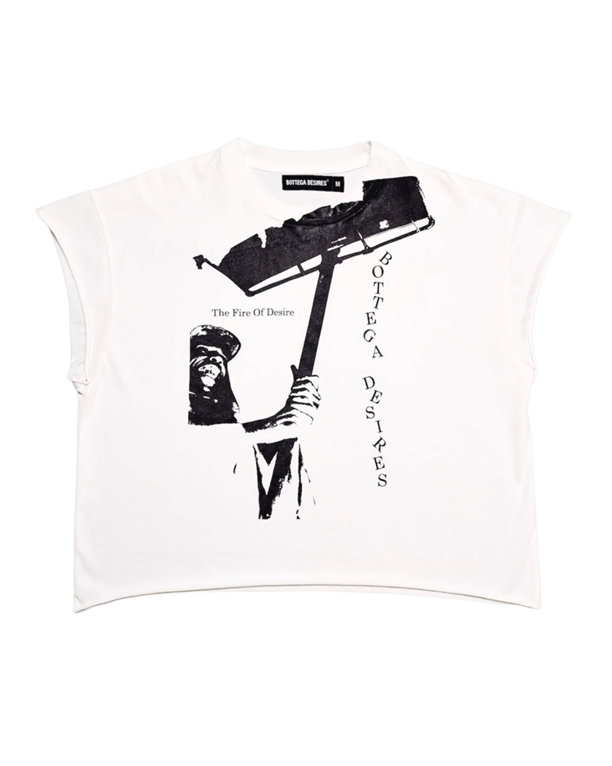 Bottega Desires Fire Of Desires Cutoff Tee White, white sleeveless tee with hooded figure and hammer graphic, front view