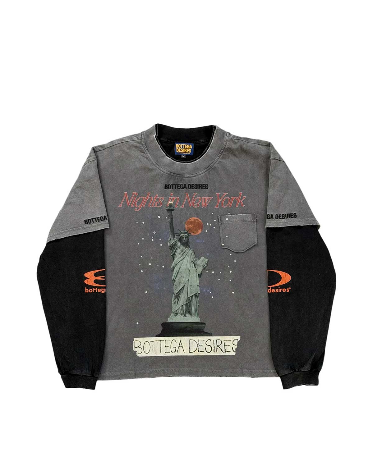 Bottega Desires Nights In NY Layered Long Sleeve black with Statue of Liberty graphic,front