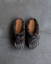 Bravest Studios Bear Claw Mule dark leopard print with chrome claw detailing, top view