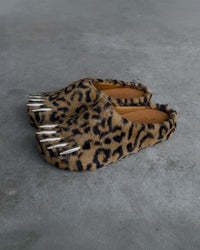 Bravest Studios Bear Claw Mule leopard print furry slip-on with claw detailing, side model view