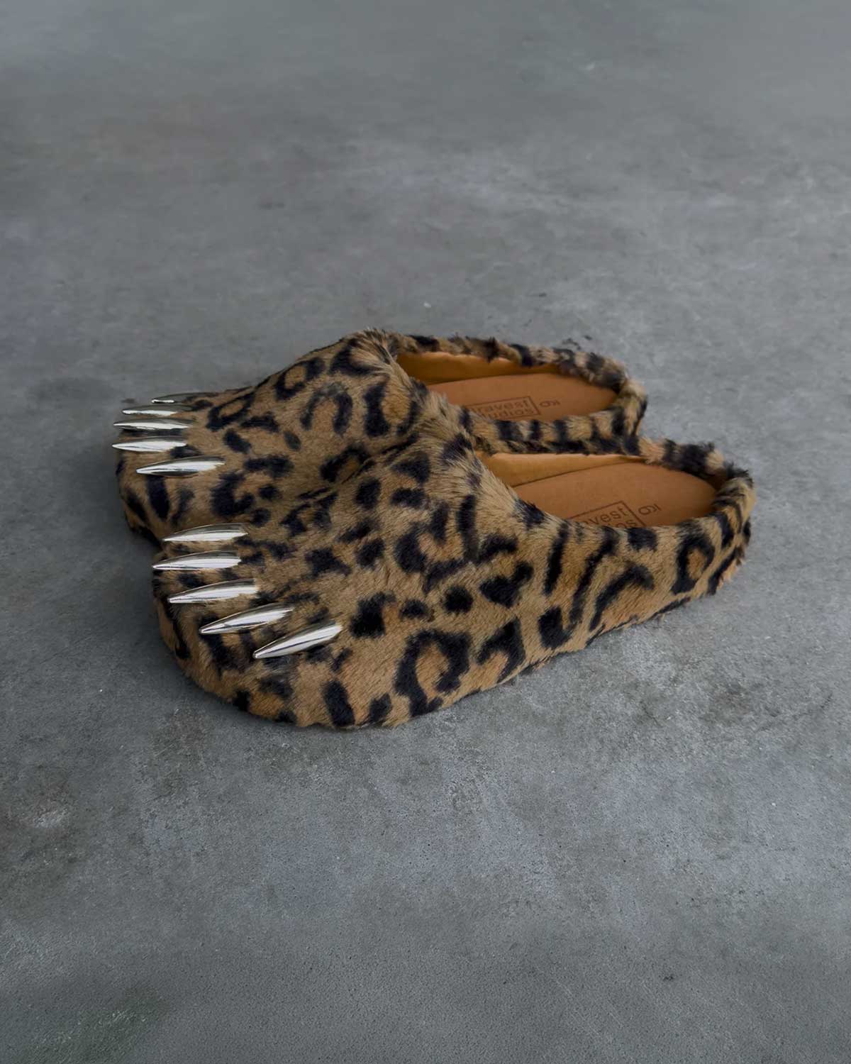 Bravest Studios Bear Claw Mule leopard print furry slip-on with claw detailing, side model view