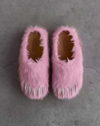 Bravest Studios Bear Claw Mule pink furry slip-on with claw detailing, overtop view