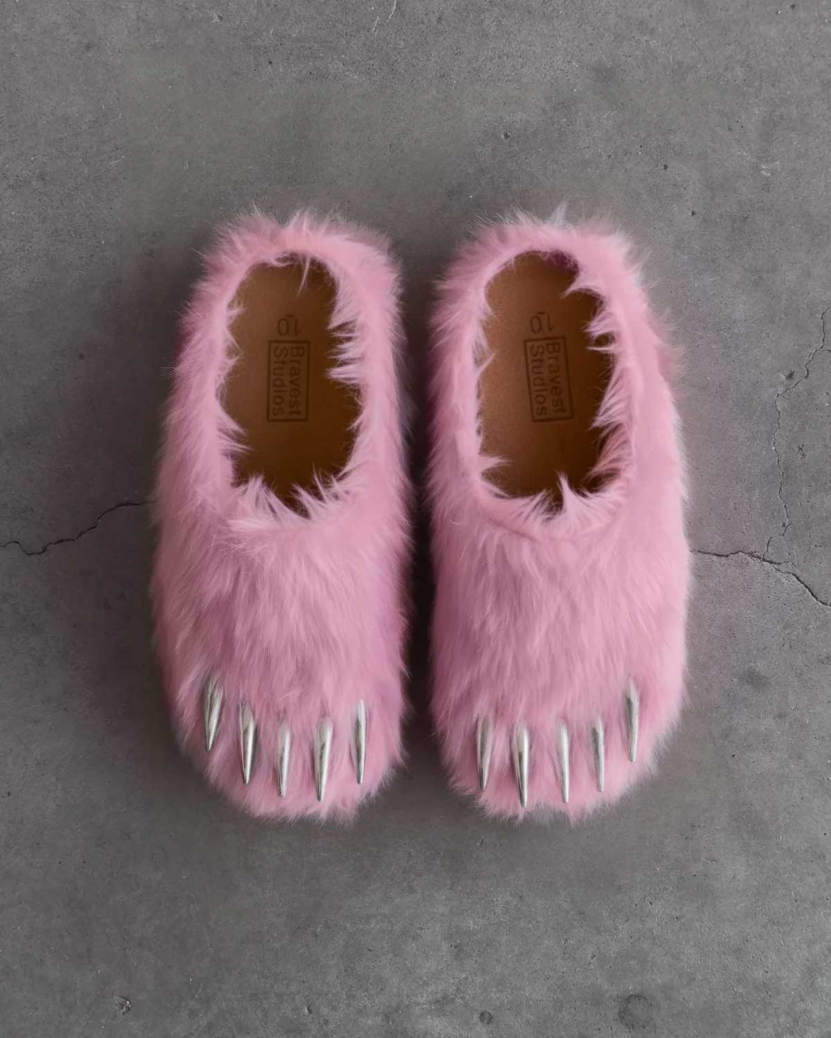 Bravest Studios Bear Claw Mule pink furry slip-on with claw detailing, overtop view