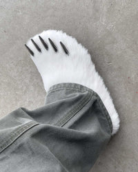 Bravest Studios Bear Claw Mule white furry slip-on with claw detailing, model on foot