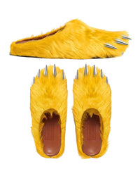 Bravest Studios Bear Claw Mule yellow, side profile above a top-down view of the pair showing the claws and leather footbeds