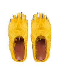 Bravest Studios Bear Claw Mule yellow, top-down view of the pair with five silver claws and Bravest Studios embossed leather footbeds