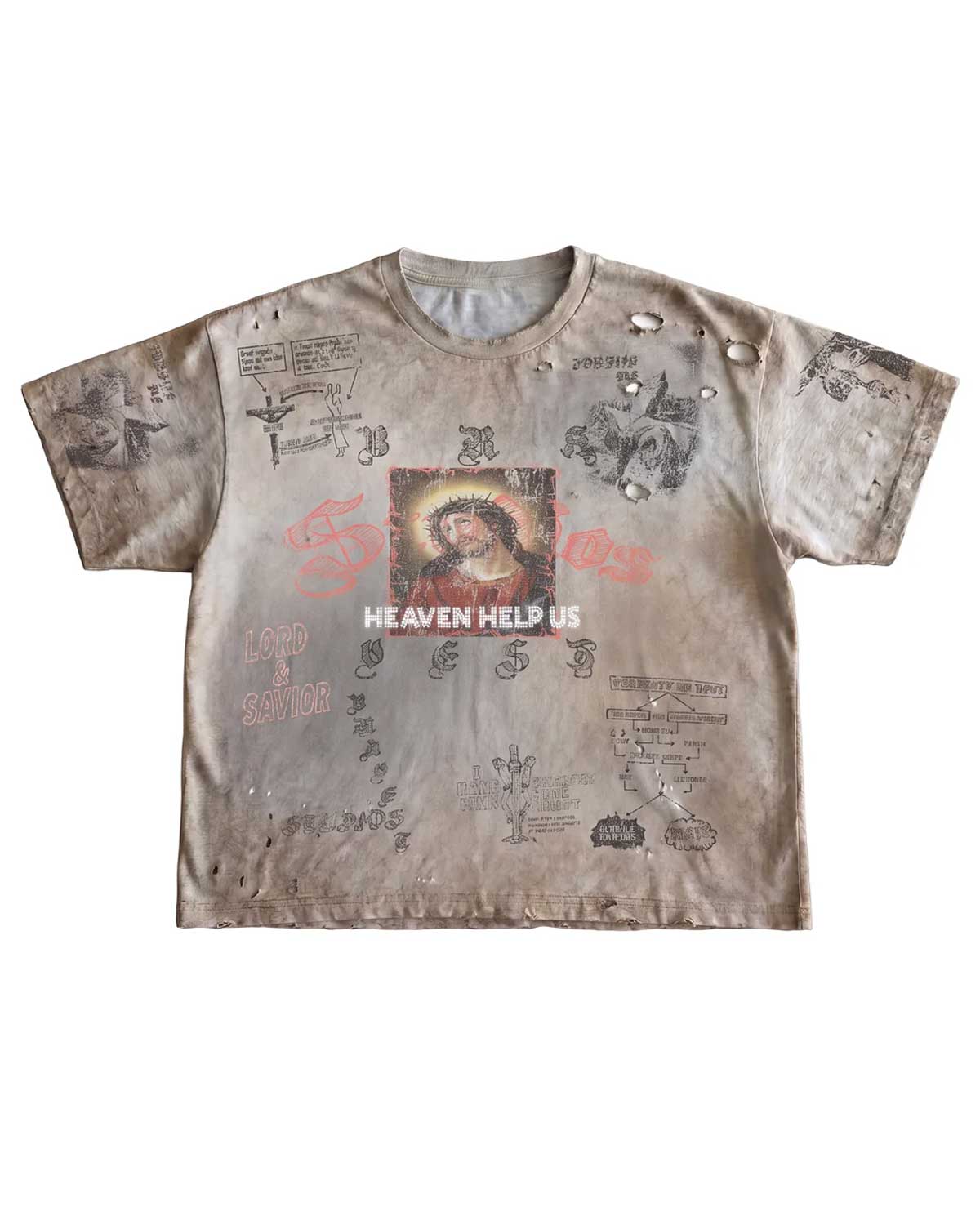 Bravest Studios Covenant Tee Grey, sun-faded grey tee with a framed Christ portrait and HEAVEN HELP US graphic, front view