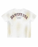 Bravest Studios Crest Tee White, back view with BRAVEST USA MADE IN AMERICA arched lettering