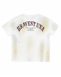 Bravest Studios Crest Tee White, back view with BRAVEST USA MADE IN AMERICA arched lettering