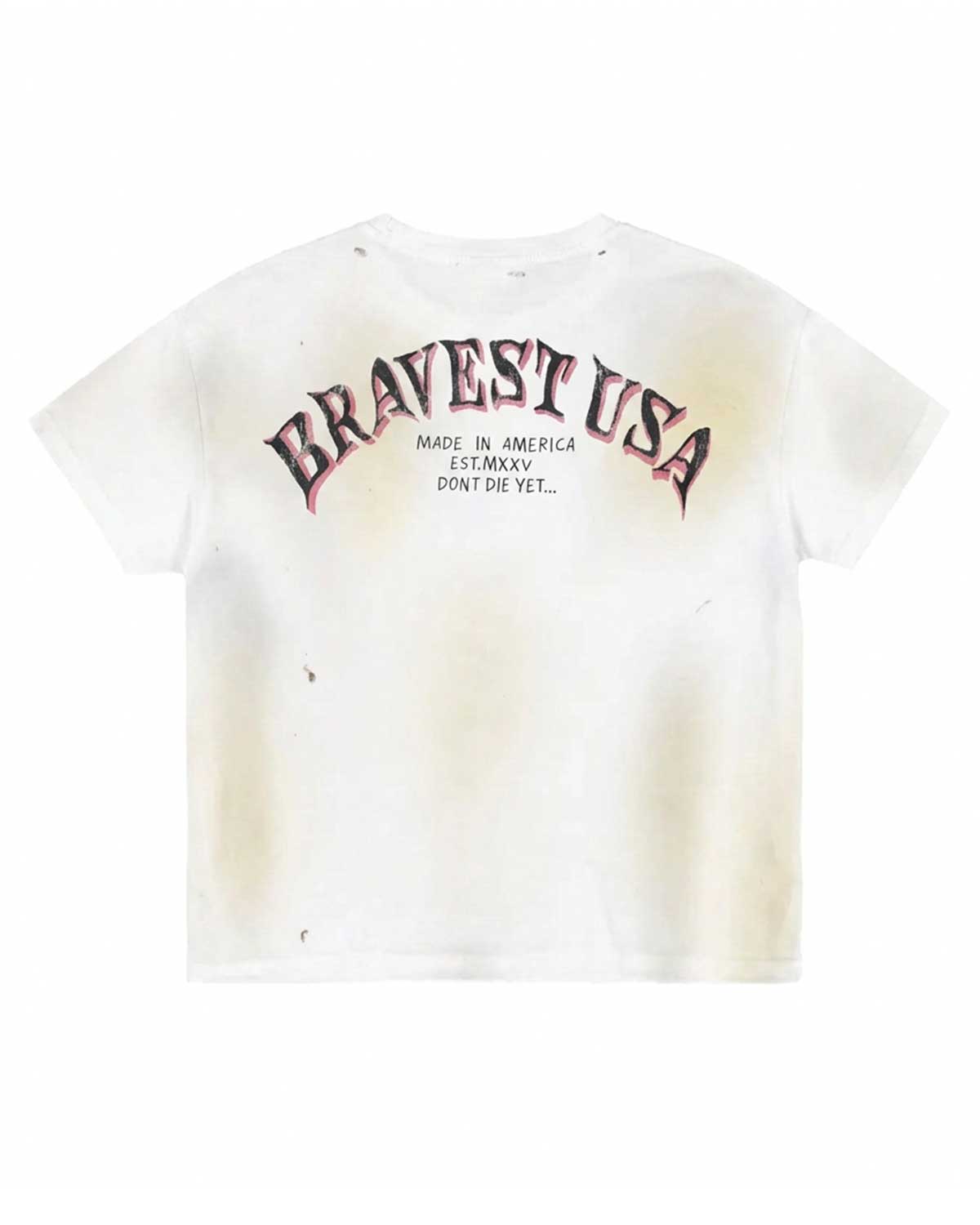 Bravest Studios Crest Tee White, back view with BRAVEST USA MADE IN AMERICA arched lettering