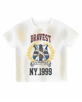 Bravest Studios Crest Tee White, washed white tee with a laurel shield crest and NY.1999 lettering, front view