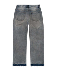 Bravest Studios Dirty Star Denim blue, back view showing the faded seat and frayed let-down hem
